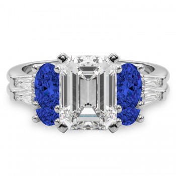 Emerald Cut Lab Grown Diamond & Oval Blue Sapphire Bridal Set 18K White Gold (5.17ct)