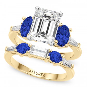 Emerald Cut Lab Grown Diamond & Oval Blue Sapphire Bridal Set 18K Yellow Gold (5.17ct)
