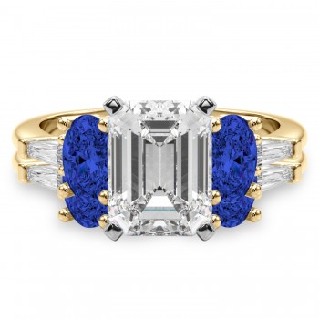 Emerald Cut Lab Grown Diamond & Oval Blue Sapphire Bridal Set 18K Yellow Gold (5.17ct)
