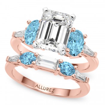 Emerald Cut Lab Grown Diamond & Oval Blue Topaz Bridal Set 14K Rose Gold (4.97ct)