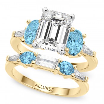 Emerald Cut Lab Grown Diamond & Oval Blue Topaz Bridal Set 14K Yellow Gold (4.97ct)