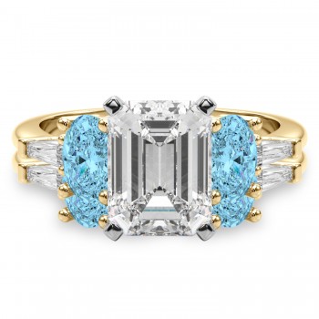 Emerald Cut Lab Grown Diamond & Oval Blue Topaz Bridal Set 14K Yellow Gold (4.97ct)