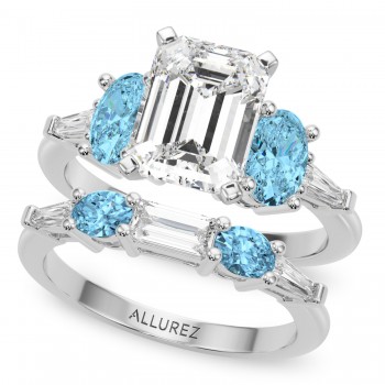 Emerald Cut Lab Grown Diamond & Oval Blue Topaz Bridal Set 18K White Gold (4.97ct)