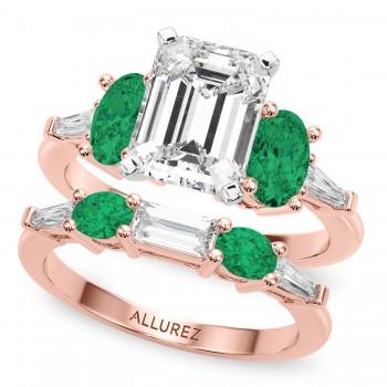Emerald Cut Lab Grown Diamond & Oval Emerald Bridal Set 14K Rose Gold (4.65ct)