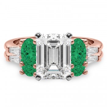 Emerald Cut Lab Grown Diamond & Oval Emerald Bridal Set 14K Rose Gold (4.65ct)