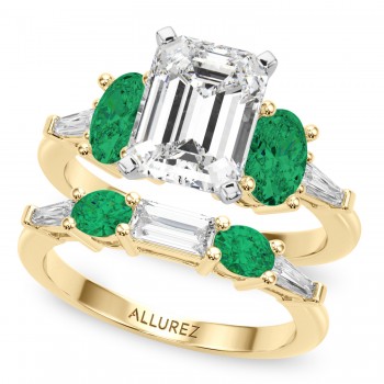 Emerald Cut Lab Grown Diamond & Oval Emerald Bridal Set 14K Yellow Gold (4.65ct)