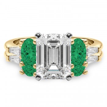 Emerald Cut Lab Grown Diamond & Oval Emerald Bridal Set 14K Yellow Gold (4.65ct)