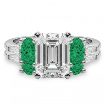 Emerald Cut Lab Grown Diamond & Oval Emerald Bridal Set 18K White Gold (4.65ct)