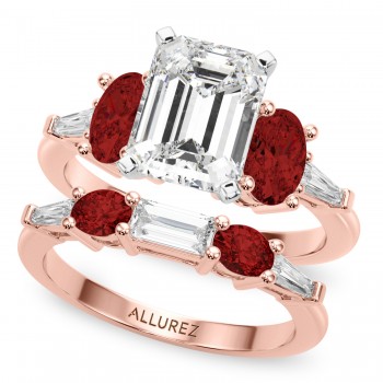 Emerald Cut Lab Grown Diamond & Oval Garnet Bridal Set 14K Rose Gold (4.97ct)