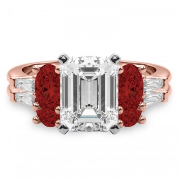 Emerald Cut Lab Grown Diamond & Oval Garnet Bridal Set 14K Rose Gold (4.97ct)