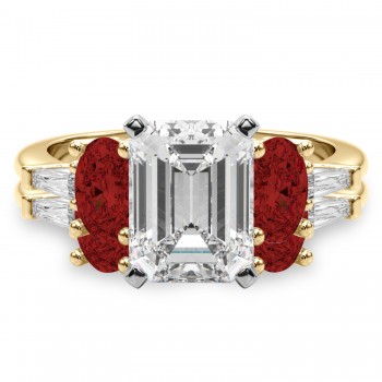 Emerald Cut Lab Grown Diamond & Oval Garnet Bridal Set 14K Yellow Gold (4.97ct)