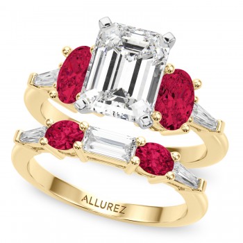 Emerald Cut Lab Grown Diamond & Oval Ruby Bridal Set 14K Yellow Gold (5.09ct)