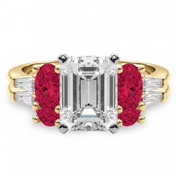 Emerald Cut Lab Grown Diamond & Oval Ruby Bridal Set 14K Yellow Gold (5.09ct)