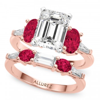 Emerald Cut Lab Grown Diamond & Oval Ruby Bridal Set 18K Rose Gold (5.09ct)