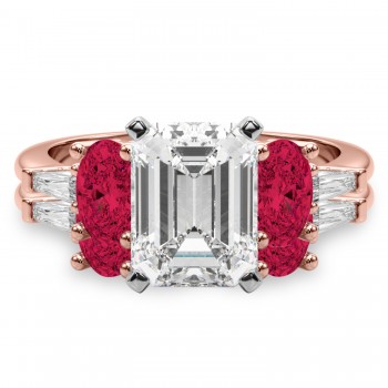 Emerald Cut Lab Grown Diamond & Oval Ruby Bridal Set 18K Rose Gold (5.09ct)
