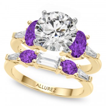 Round Lab Grown Diamond & Oval Amethyst Bridal Set 14K Yellow Gold (4.65ct)