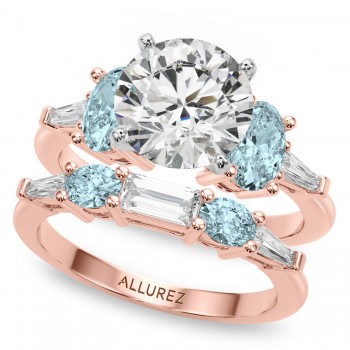 Round Lab Grown Diamond & Oval Aquamarine Bridal Set 14K Rose Gold (4.65ct)