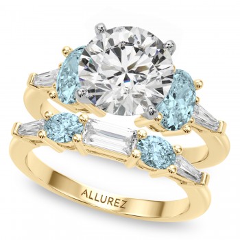 Round Lab Grown Diamond & Oval Aquamarine Bridal Set 14K Yellow Gold (4.65ct)