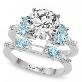 Round Lab Grown Diamond & Oval Aquamarine Bridal Set in Palladium (4.65ct)