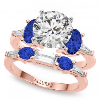 Round Lab Grown Diamond & Oval Blue Sapphire Bridal Set 14K Rose Gold (5.17ct)