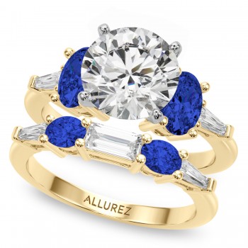 Round Lab Grown Diamond & Oval Blue Sapphire Bridal Set 14K Yellow Gold (5.17ct)
