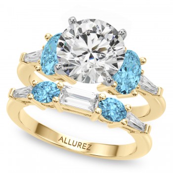 Round Lab Grown Diamond & Oval Blue Topaz Bridal Set 14K Yellow Gold (4.97ct)