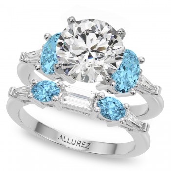 Round Lab Grown Diamond & Oval Blue Topaz Bridal Set in Palladium (4.97ct)