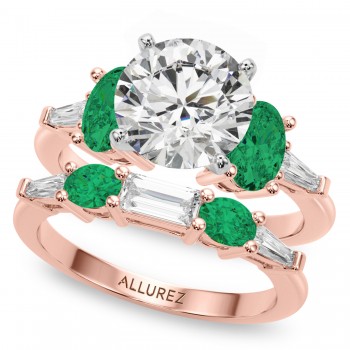 Round Lab Grown Diamond & Oval Emerald Bridal Set 14K Rose Gold (4.65ct)