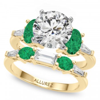 Round Lab Grown Diamond & Oval Emerald Bridal Set 14K Yellow Gold (4.65ct)
