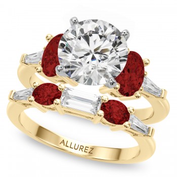 Round Lab Grown Diamond & Oval Garnet Bridal Set 14K Yellow Gold (4.97ct)