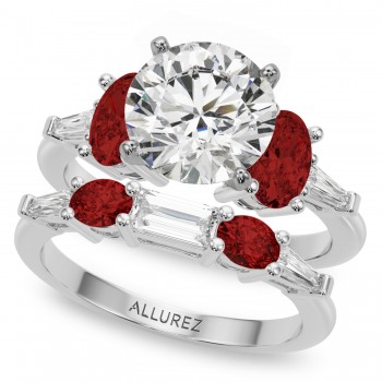 Round Lab Grown Diamond & Oval Garnet Bridal Set in Palladium (4.97ct)