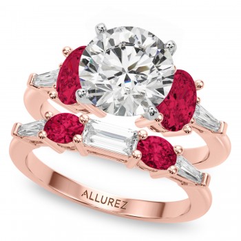 Round Lab Grown Diamond & Oval Ruby Bridal Set 14K Rose Gold (5.09ct)