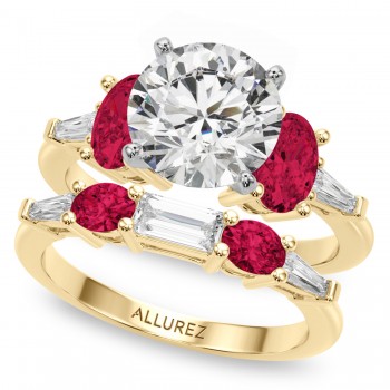 Round Lab Grown Diamond & Oval Ruby Bridal Set 14K Yellow Gold (5.09ct)