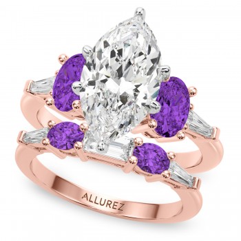Marquise Lab Grown Diamond & Oval Amethyst Bridal Set 18K Rose Gold (4.65ct)