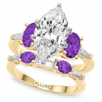 Marquise Lab Grown Diamond & Oval Amethyst Bridal Set 18K Yellow Gold (4.65ct)