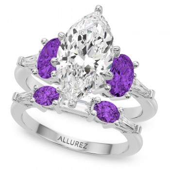 Marquise Lab Grown Diamond & Oval Amethyst Bridal Set in Platinum (4.65ct)