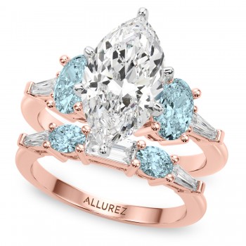 Marquise Lab Grown Diamond & Oval Aquamarine Bridal Set 14K Rose Gold (4.65ct)