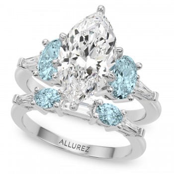 Marquise Lab Grown Diamond & Oval Aquamarine Bridal Set in Platinum (4.65ct)