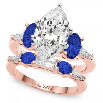 Marquise Lab Grown Diamond & Oval Blue Sapphire Bridal Set 14K Rose Gold (5.17ct)