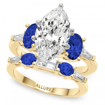 Marquise Lab Grown Diamond & Oval Blue Sapphire Bridal Set 14K Yellow Gold (5.17ct)