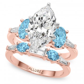 Marquise Lab Grown Diamond & Oval Blue Topaz Bridal Set 14K Rose Gold (4.97ct)