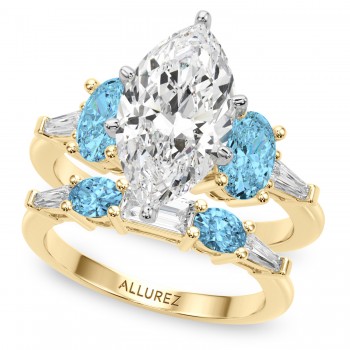 Marquise Lab Grown Diamond & Oval Blue Topaz Bridal Set 14K Yellow Gold (4.97ct)