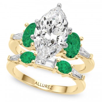 Marquise Lab Grown Diamond & Oval Emerald Bridal Set 18K Yellow Gold (4.65ct)