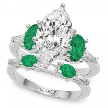 Marquise Lab Grown Diamond & Oval Emerald Bridal Set in Platinum (4.65ct)