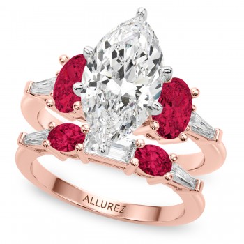 Marquise Lab Grown Diamond & Oval Ruby Bridal Set 14K Rose Gold (5.09ct)