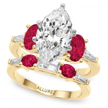 Marquise Lab Grown Diamond & Oval Ruby Bridal Set 14K Yellow Gold (5.09ct)