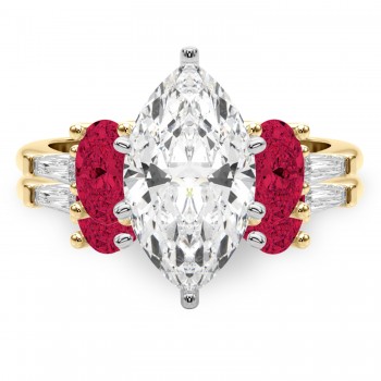 Marquise Lab Grown Diamond & Oval Ruby Bridal Set 14K Yellow Gold (5.09ct)