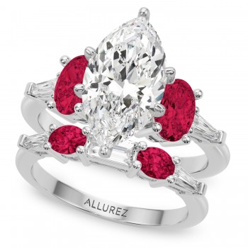 Marquise Lab Grown Diamond & Oval Ruby Bridal Set in Platinum (5.09ct)