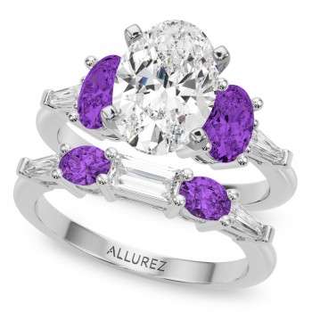 Oval Lab Grown Diamond & Amethyst Bridal Set in Palladium (4.65ct)