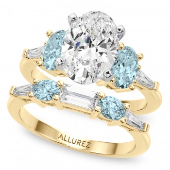 Oval Lab Grown Diamond & Aquamarine Bridal Set 14K Yellow Gold (4.65ct)
